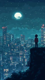 Pixel skyline with lone observer on cliff under luminous moon