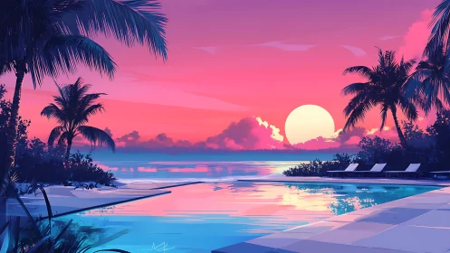 Neon dusk lagoon pool dreaming beneath a coral-tinted sky.