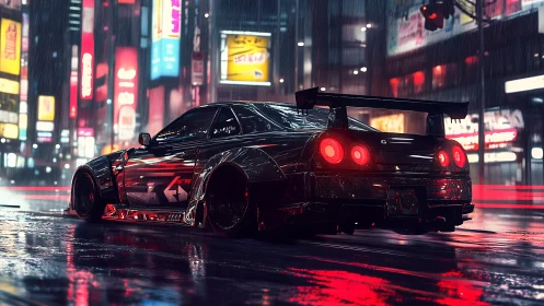 Modified street racer idles under neon lights on wet city road