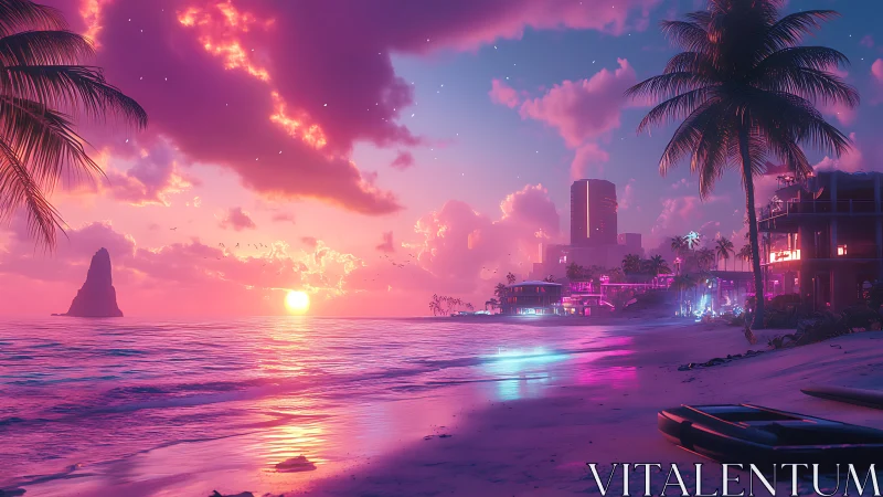 Neon sunset shoreline where city lights meet calm waves.