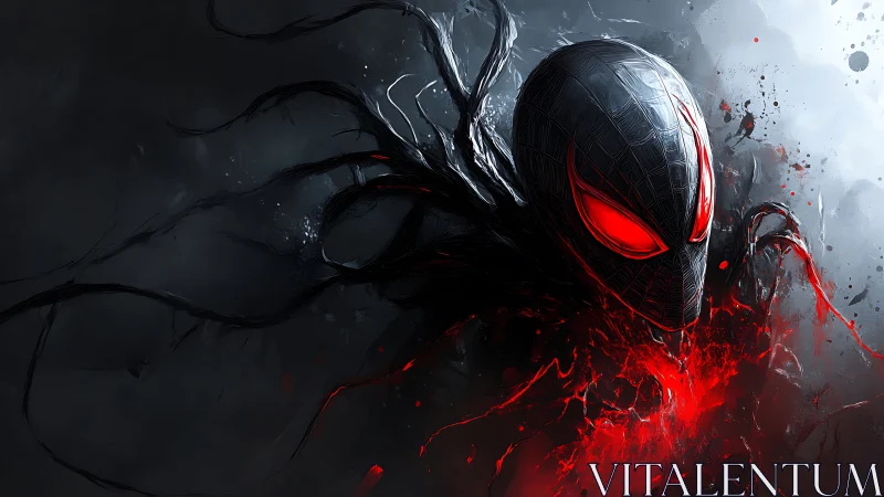 Dark masked figure with red eyes amid abstract tendrils.