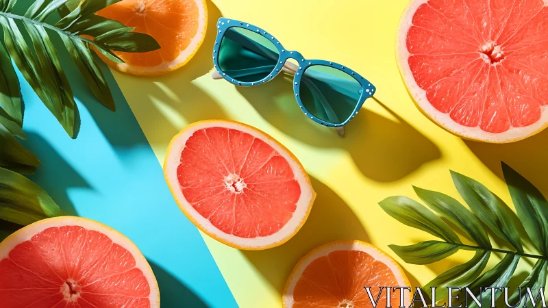 Sliced grapefruit, sunglasses and leaves arranged on colored surface
