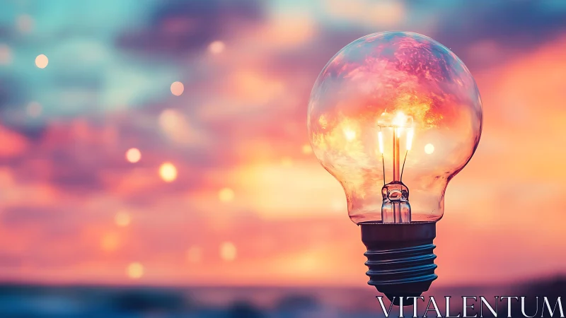 Glowing light bulb floats before a dreamy pastel sunset sky.