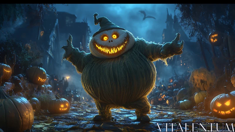 Grinning pumpkin monster welcomes a lively Halloween night