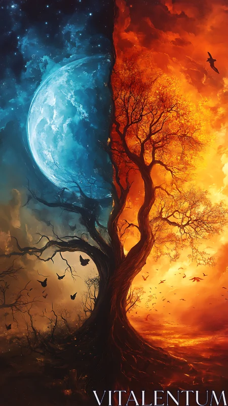 Surreal elemental tree bisected by lunar and solar realms.