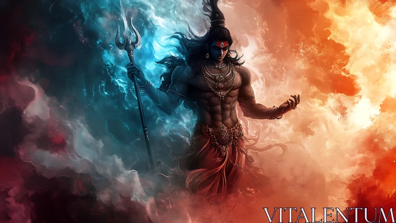 Divine warrior between blue frost and burning firestorm.