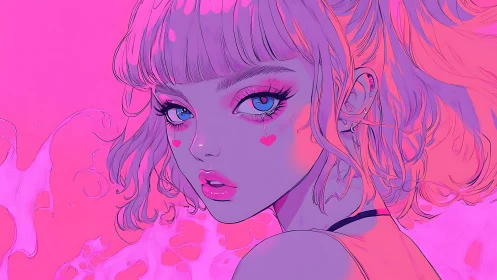 Pink neon portrait of girl with heart face markings.