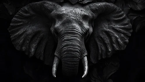 Elephant head sculpture rendered in dark monochrome detail