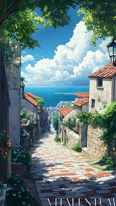 Hillside stone street descending toward coastal horizon.