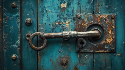 Weathered teal door lock holding quiet, timeworn secrets.