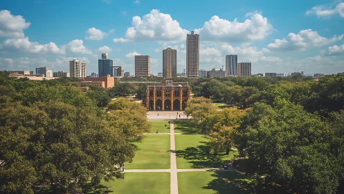 Sunlit campus lawn opening toward a relaxed city skyline.