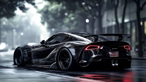 Midnight supercar gliding through a calm city street.