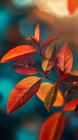 Sunlit vermilion leaves against teal bokeh backdrop.