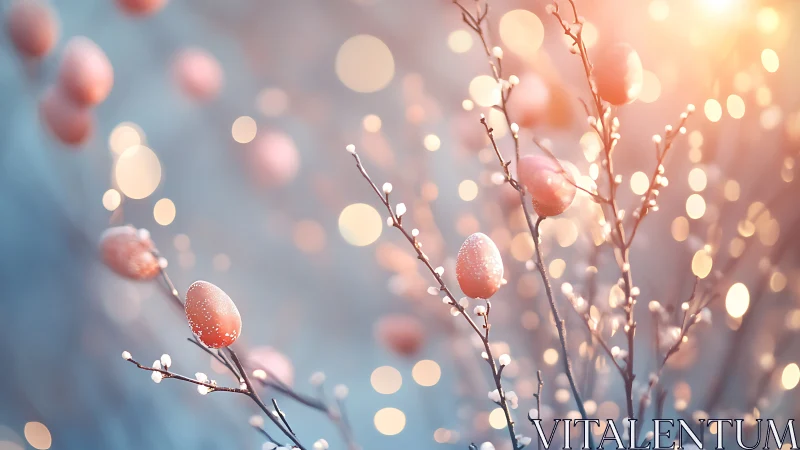 Defocused frosted eggs on twigs under warm diffuse backlight