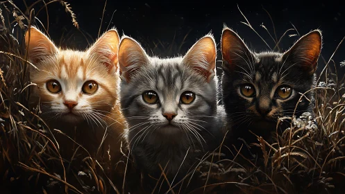 Three Felines with Amber Ocular Geometry Rendered in Hyperrealistic Digital Composition