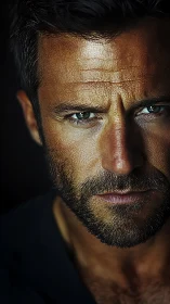 Hyperreal close portrait of bearded male face in hard light