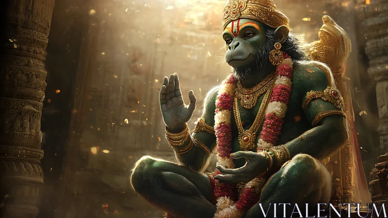 Seated anthropomorphic monkey figure poses in ornate temple setting