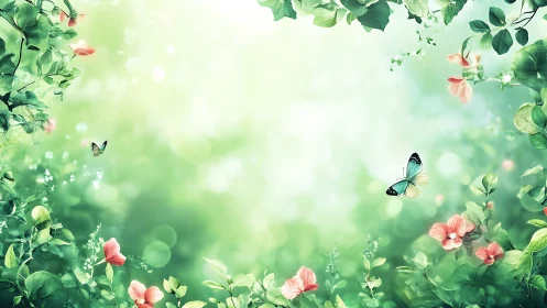 Lush green floral border with butterflies on soft bokeh field