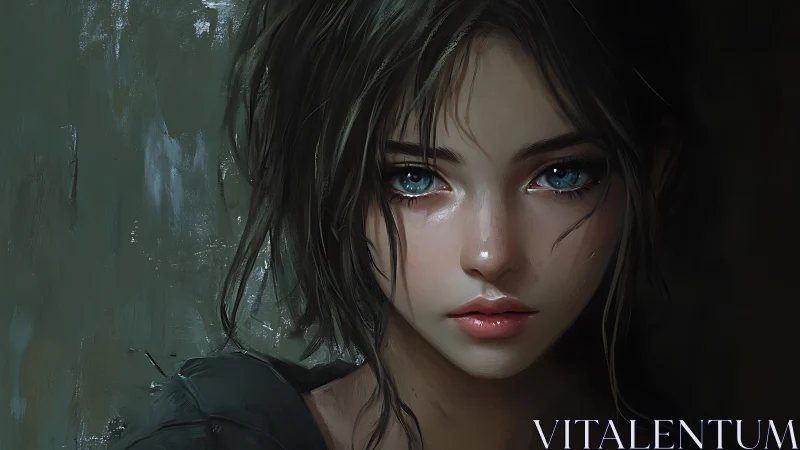 Low-key digital portrait of teal-eyed girl, specular rendering.