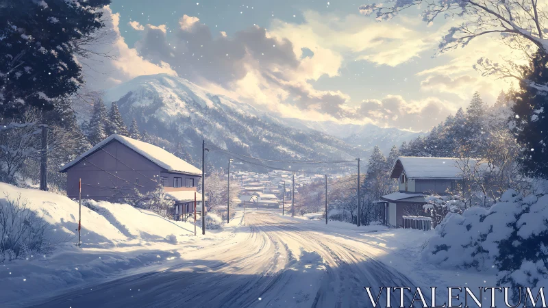 Sunlit mountain village dozing under drifting winter hush.