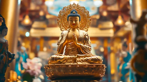 Golden Buddha statue in ornate temple interior setting.