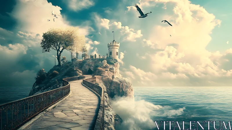 Clifftop daydream tower above a winding ocean walkway.