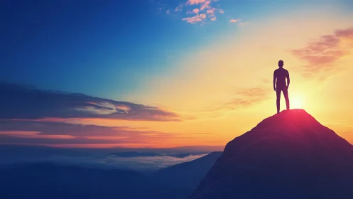 Silhouette stands atop mountain peak under radiant sunrise