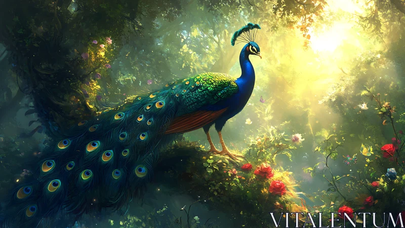 Spectral peafowl on arboreal perch in irradiated forest glade.