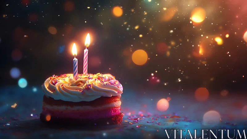 Birthday Cake With Two Lit Candles Against Bokeh Background.