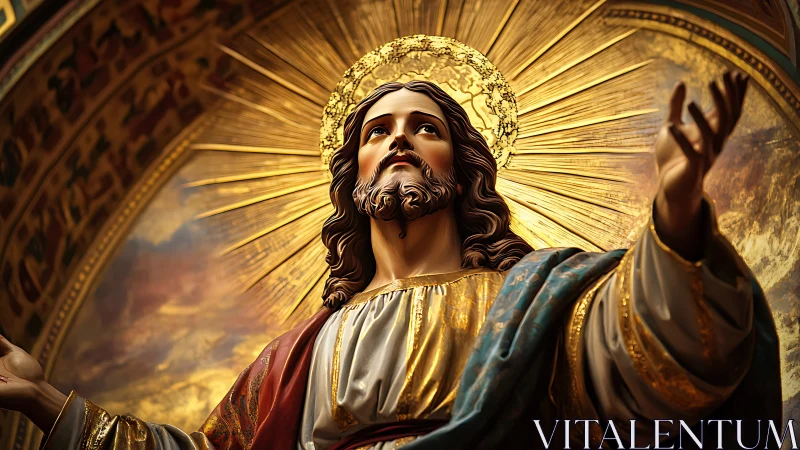 Radiant sacred statue reaches upward beneath golden halo