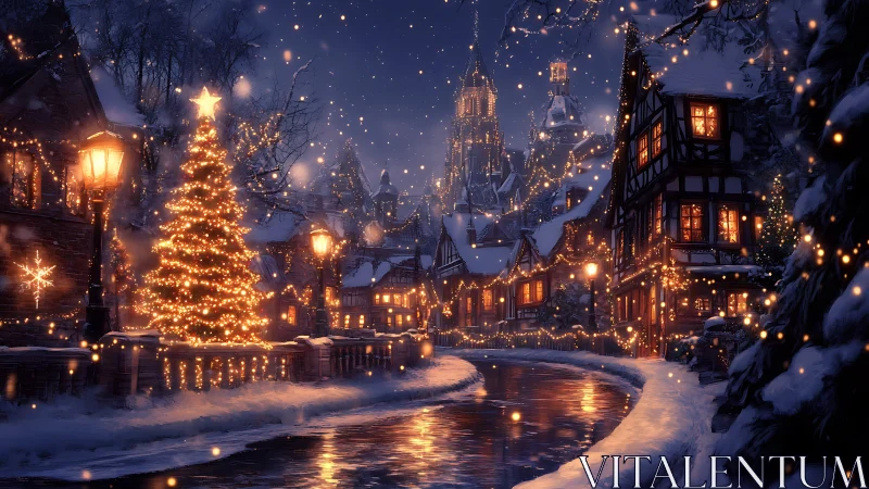 Cozy winter village glowing with magical Christmas lights.