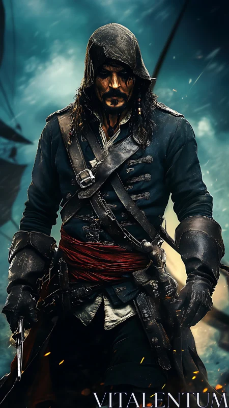 Hooded pirate captain in dark coat on stormy deck.