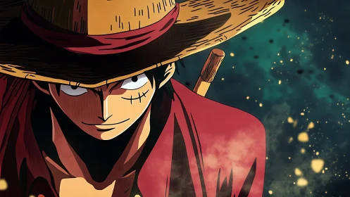 Straw hat pirate gazes ahead with bold, adventurous spirit