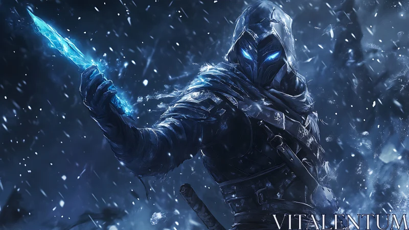 Ice assassin lunges through blizzard with glowing blade.
