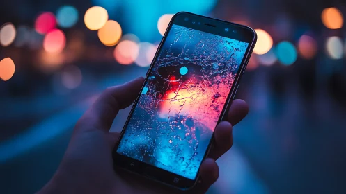 Cracked smartphone screen glowing over neon city bokeh.