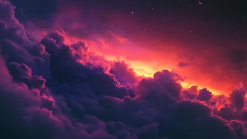 Vivid nebula-like storm clouds glow under cosmic dusk sky