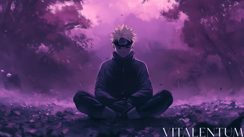 Solitary seated figure in forest clearing under violet light