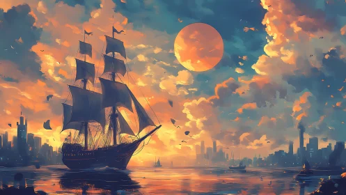 Sunlit tall ship sailing toward a futuristic harbor skyline.