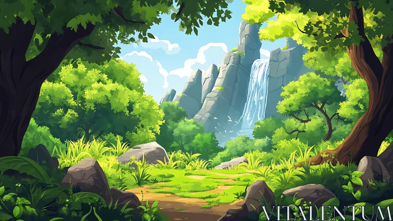 Digital forest landscape with cascading waterfall formation.