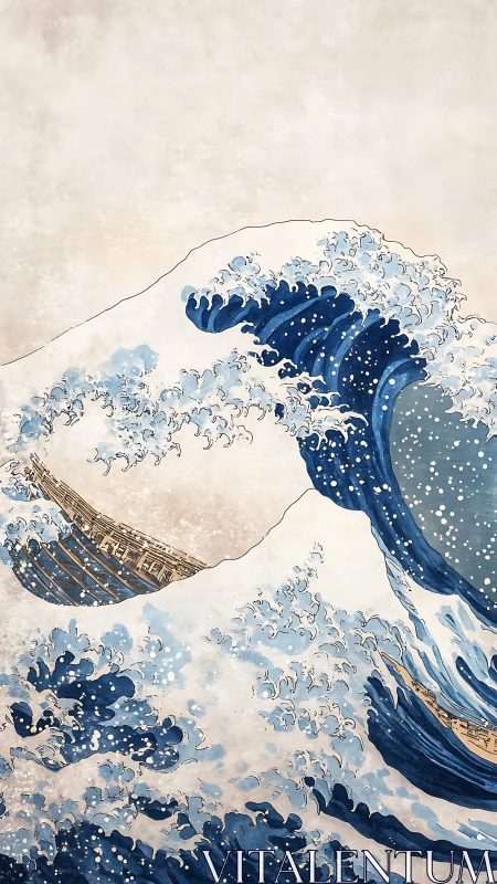 Towering indigo wave curls above fragile wooden boats.