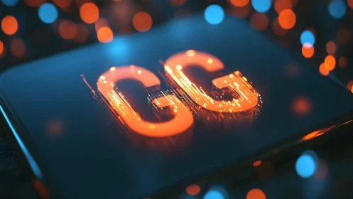Futuristic Neon GG Letters on Digital Screen with Bokeh Effect.