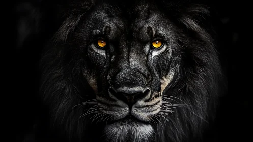 Golden-eyed black lion emerges from deep shadowed darkness.