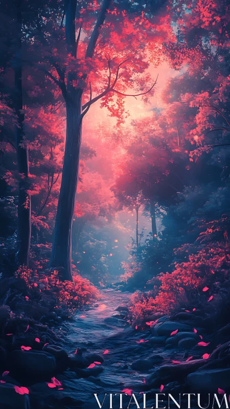 Crimson Forest Stream Glowing in Neon Sunset Light.