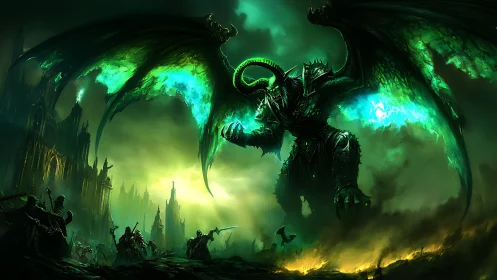 Colossal demon overlord dominates toxic emerald battlefield.