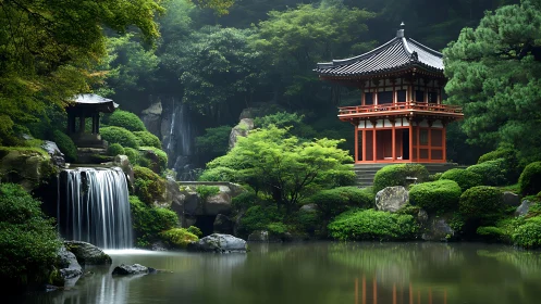 Japanese garden pavilion and tiered waterfall framed by dense foliage