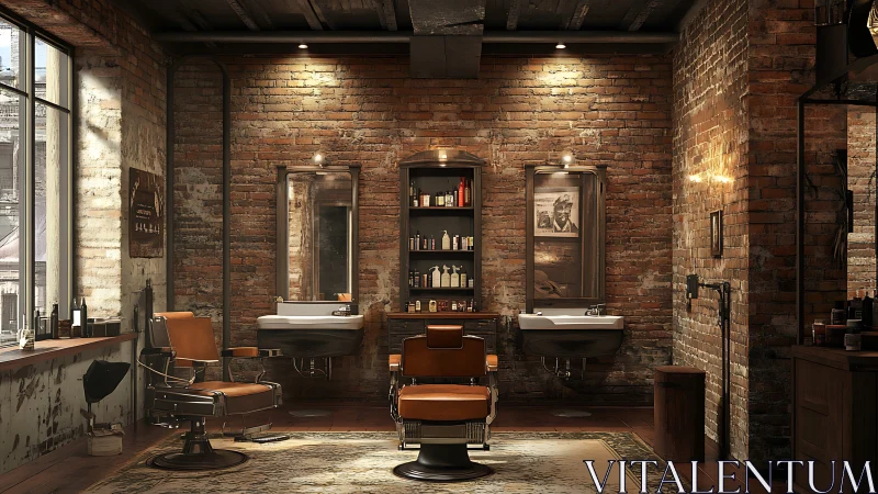 Cozy industrial barbershop with warm brick and vintage glow.