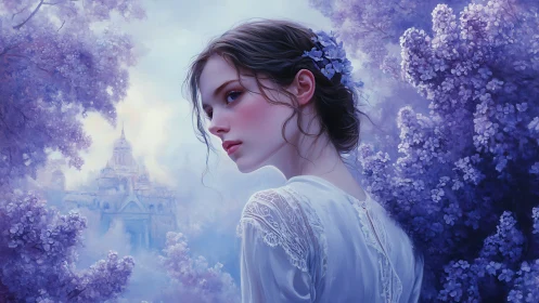 Ethereal portrait of a young woman framed by lilac blossoms