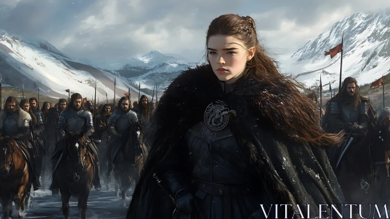 Snowbound warrior maiden leads a grim northern cavalry.