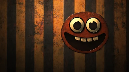 Grunge striped backdrop with 3D carved cartoon smile emblem.