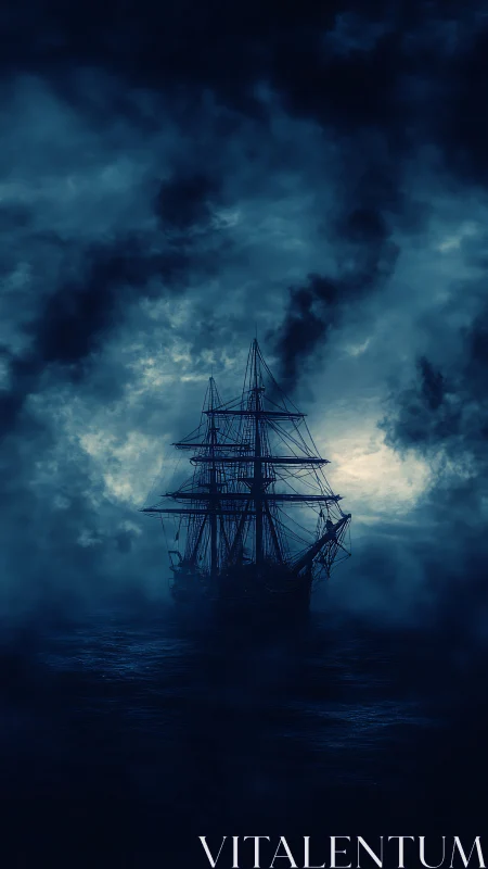Sailing ship silhouette is centered in dense nocturnal fog
